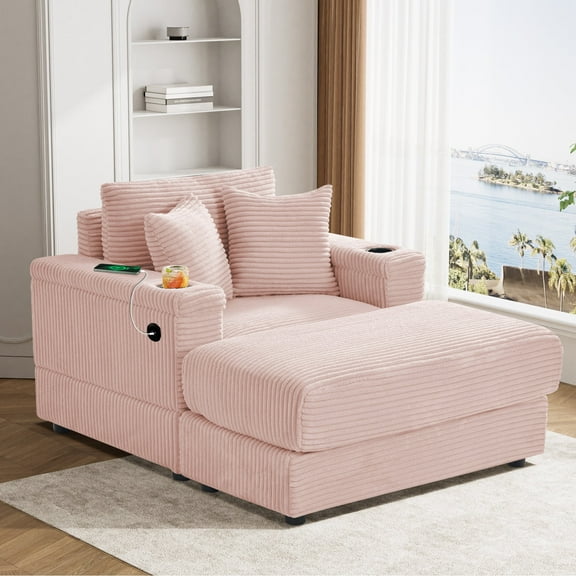 Wiilayok 54 inch Oversized Chaise Lounge Chair Indoor,Corduroy Upholstered Cloud Sleeper Chairs Sofa Couch with Ottoman,Cup Holder for Living Room, Apartment, Office, Pink