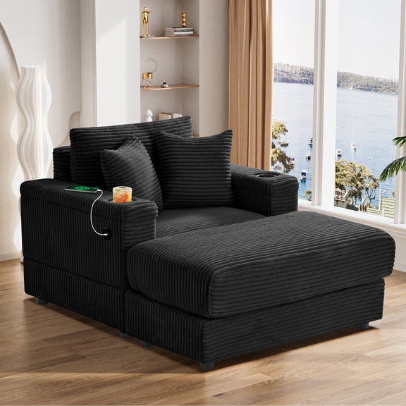 Wiilayok 54 inch Oversized Chaise Lounge Chair Indoor,Corduroy Upholstered Cloud Sleeper Chairs Sofa Couch with Ottoman,Cup Holder for Living Room, Apartment, Office, Black