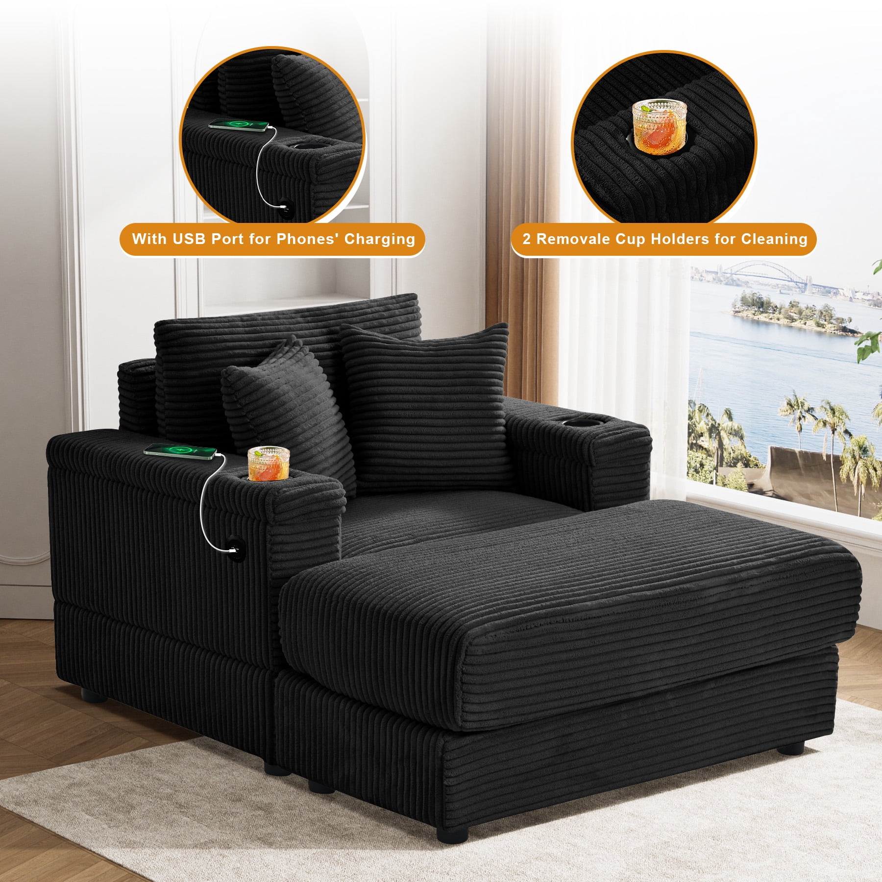 Wiilayok Oversized Chaise Lounge Chair Indoor with Ottoman,Corduroy ...