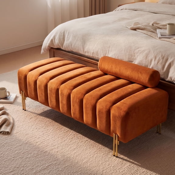 Wiilayok 52" Upholstered Velvet Ottoman Bench,End of Bed Bench with Gold Legs,Tufted Long Bench for Bedroom Living Room Foyer Indoor Entryway, Orange