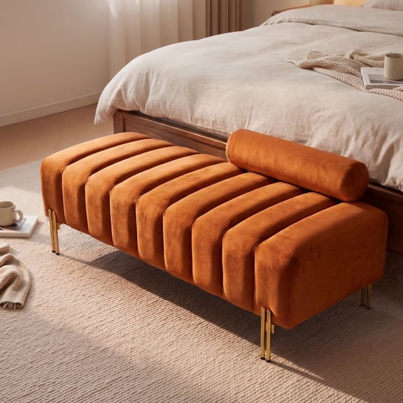 Wiilayok 52" Upholstered Velvet Ottoman Bench,End of Bed Bench with Gold Legs,Tufted Long Bench for Bedroom Living Room Foyer Indoor Entryway, Orange