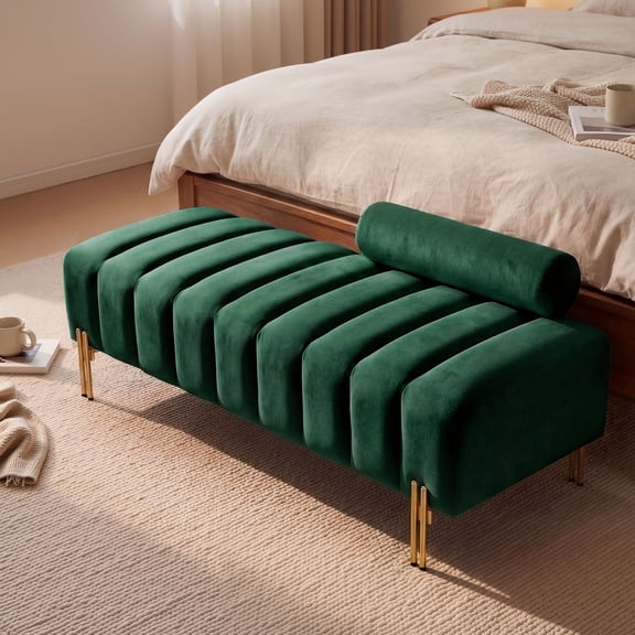 Wiilayok 52" Upholstered Velvet Ottoman Bench,End of Bed Bench with Gold Legs,Tufted Long Bench for Bedroom Living Room Foyer Indoor Entryway,Green