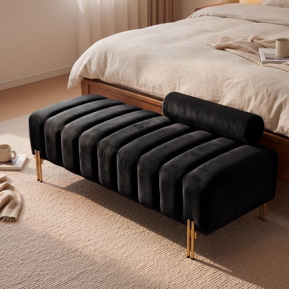 Wiilayok 52" Upholstered Velvet Ottoman Bench,End of Bed Bench with Gold Legs,Tufted Long Bench for Bedroom Living Room Foyer Indoor Entryway,Black