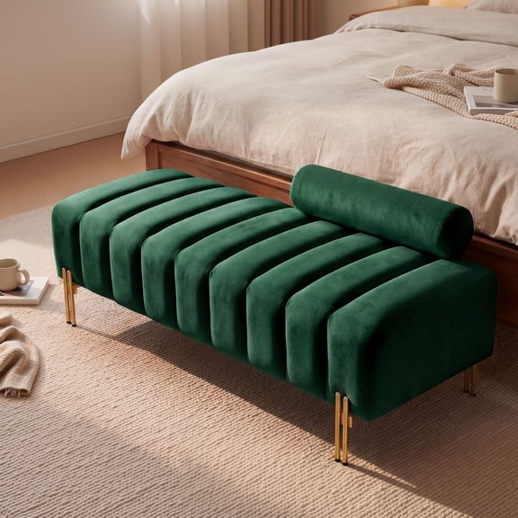Wiilayok 52" Upholstered Velvet Ottoman Bench,End of Bed Bench with Gold Legs,Tufted Long Bench for Bedroom Living Room Foyer Indoor Entryway,Green