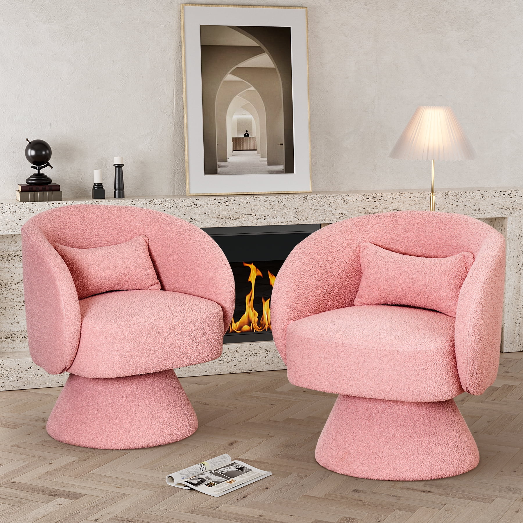 Ouyessir Swivel Barrel Chair Set of 2,Teddy Fabric Upholstered Accent