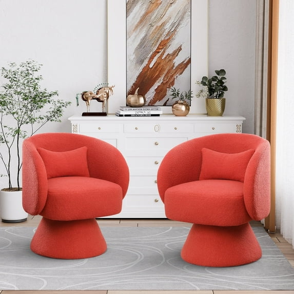Wiilayok Swivel Barrel Chair Set of 2, Teddy Upholstered Accent Armchairs Comfy 360° Swivel Lounge Sofa Armchair for Living Room Bedroom Reading,Orange