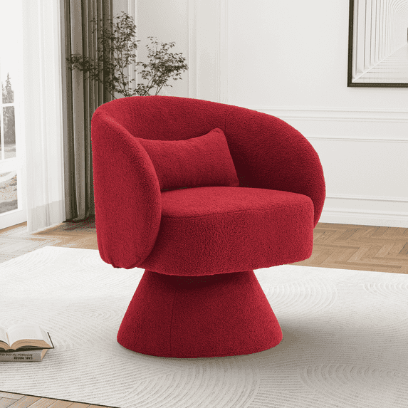 Wiilayok Swivel Barrel Chair, Teddy Upholstered Accent Armchairs Comfy 360° Swivel Lounge Sofa Armchair for Living Room Bedroom Reading,Red