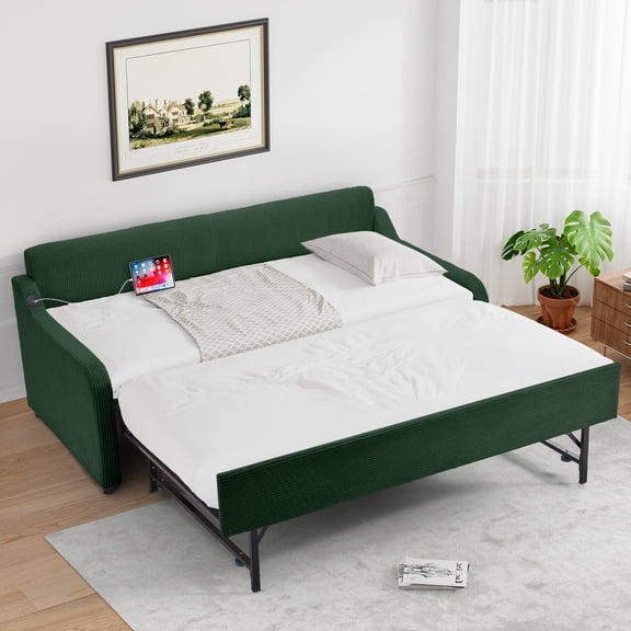 WIILAYOK Twin Size Daybed with Pop up Trundle Bed Can Be Flat or Erected, Corduroy Upholstered Daybed Frame with USB Charging Port for Adults,Green
