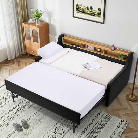 Wiilayok 81" Twin Size Daybed with Pop Up Trundle Bed,Linen Fabric Upholstered Twin to King Day Bed Frame with Double Storage Shelves,Tri-Color Light Strip & USB Ports for Living Room,Bedroom,Black