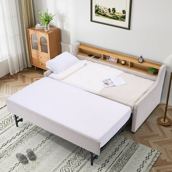 Wiilayok 81" Twin Size Daybed with Pop Up Trundle Bed,Linen Fabric Upholstered Twin to King Day Bed Frame with Double Storage Shelves,Tri-Color Light Strip & USB Ports for Living Room,Bedroom,Beige