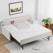 WIILAYOK Twin Size Daybed with Pop up Trundle Bed Can Be Flat or Erected, Linen Upholstered Daybed Frame with USB Charging Port for Adults,Beige