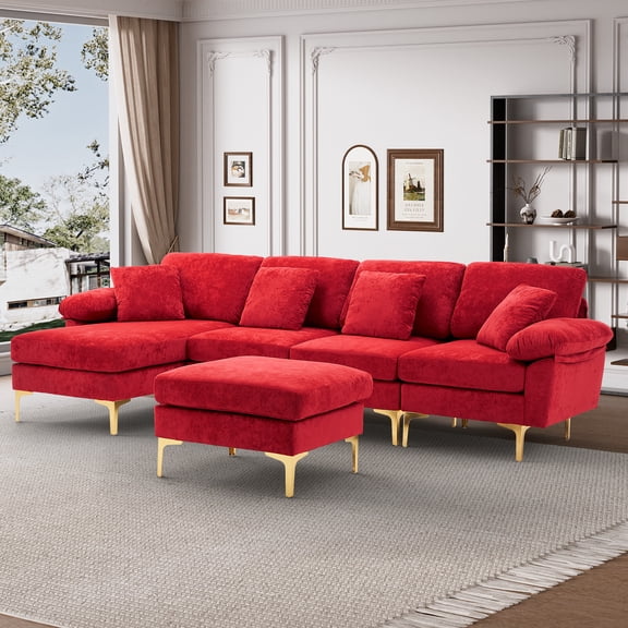 Wiilayok 114" U Shaped Sectional Sofa,Velvet Modular 4 Seat Sofa Set for Living Room,Convertible L Shaped Sofa Couch Set with Chaise Lounge, Ottoman and Pillows