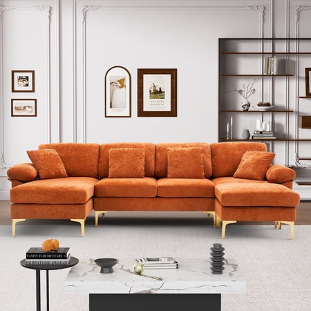 Wiilayok 114" U-Shaped Sectional Sofa,Velvet Modular 4 Seat Sofa Set for Living Room,Convertible L Shaped Sofa Couch Set with Chaise Lounge, Ottoman and Pillows