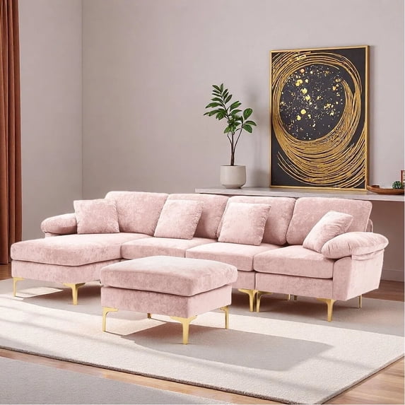Wiilayok U Shaped Sectional Sofa,Velvet Modular 4 Seat Sofa Couch,114 inch L-Shaped Couch Set with Chaise Lounge, Ottoman& Pillows for Living Room,Light Pink