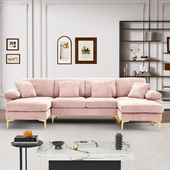 Wiilayok 114" U-Shaped Sectional Sofa,Velvet Modular 4 Seat Sofa Set for Living Room,Convertible L Shaped Sofa Couch Set with Chaise Lounge, Ottoman and Pillows