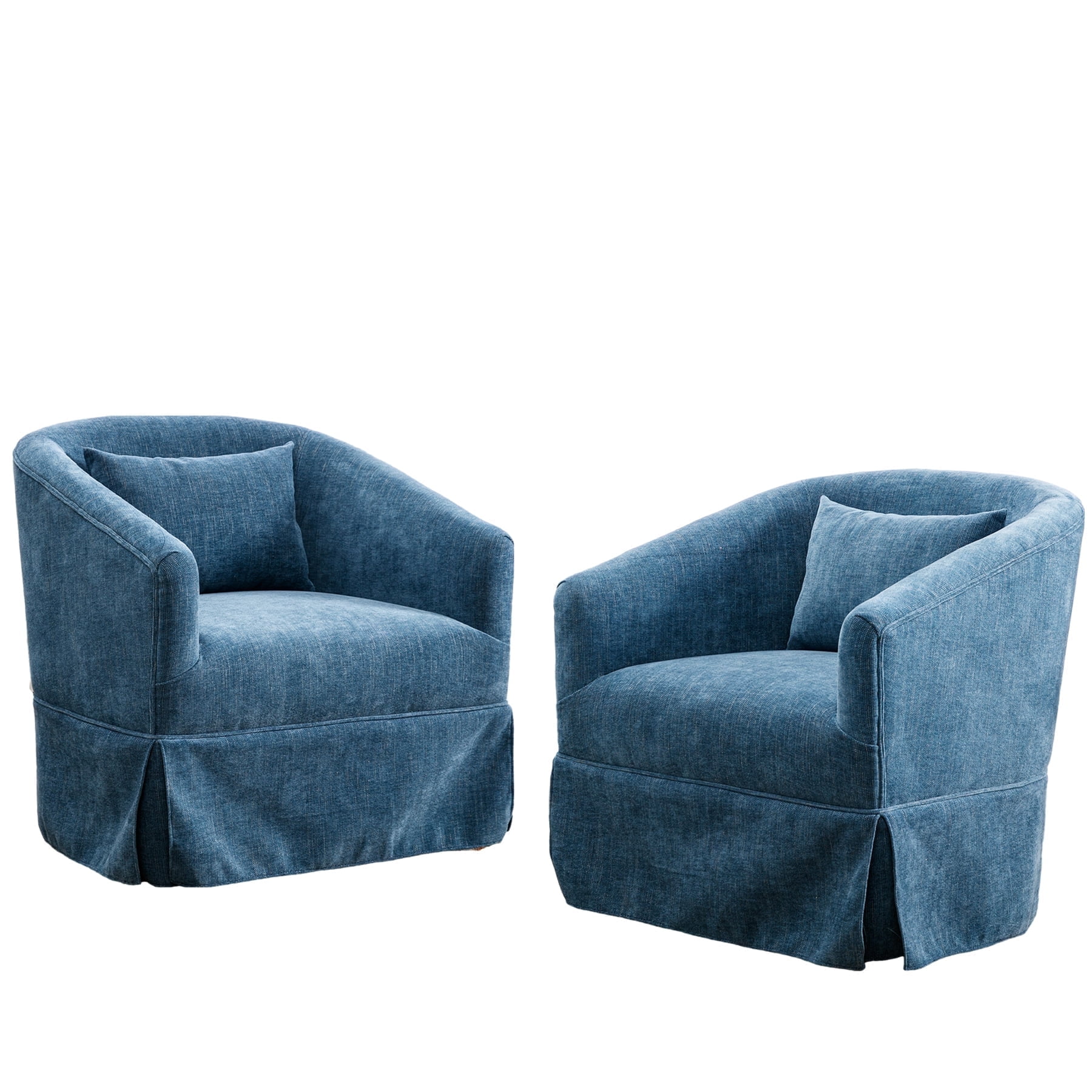 Blue Linen Swivel Barrel Chair Set with Lumbar Pillow