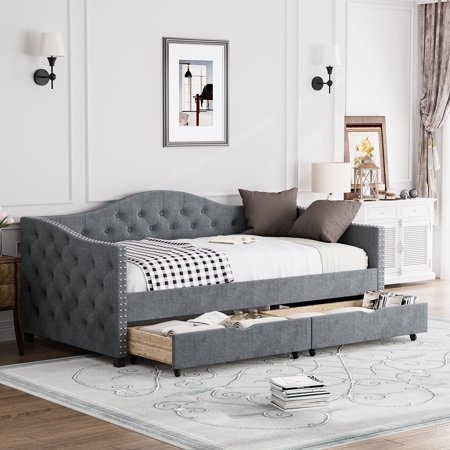 Ouyessir Upholstered Twin Daybed with 2 Drawers,Storage Sofa Bed with Button Tufted Backrest