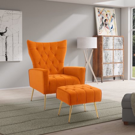 Ouyessir Velvet Accent Chair with Ottoman Comfy Armchair with Button Tufted Back and Metal Legs for Living Room Bedroom Apartment Office