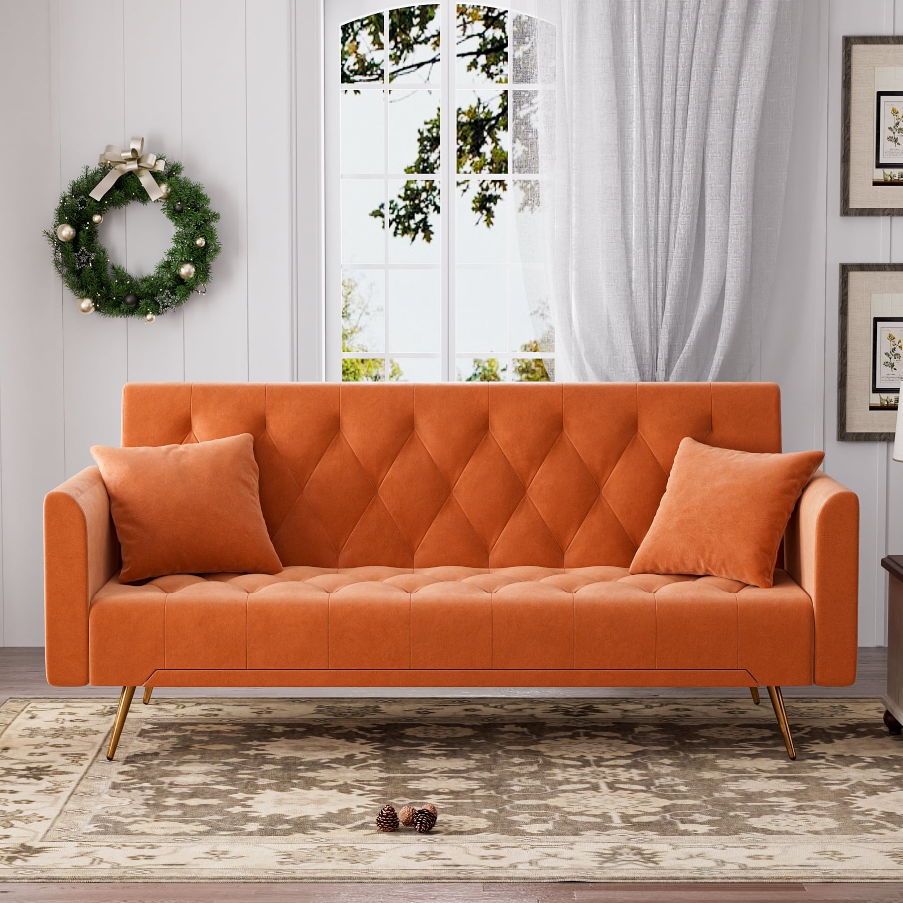 Ouyessir Comfy Velvet Futon Sofa Bed with Pillows Adjustable Backrest Convertible Sleeper Orange Walmart