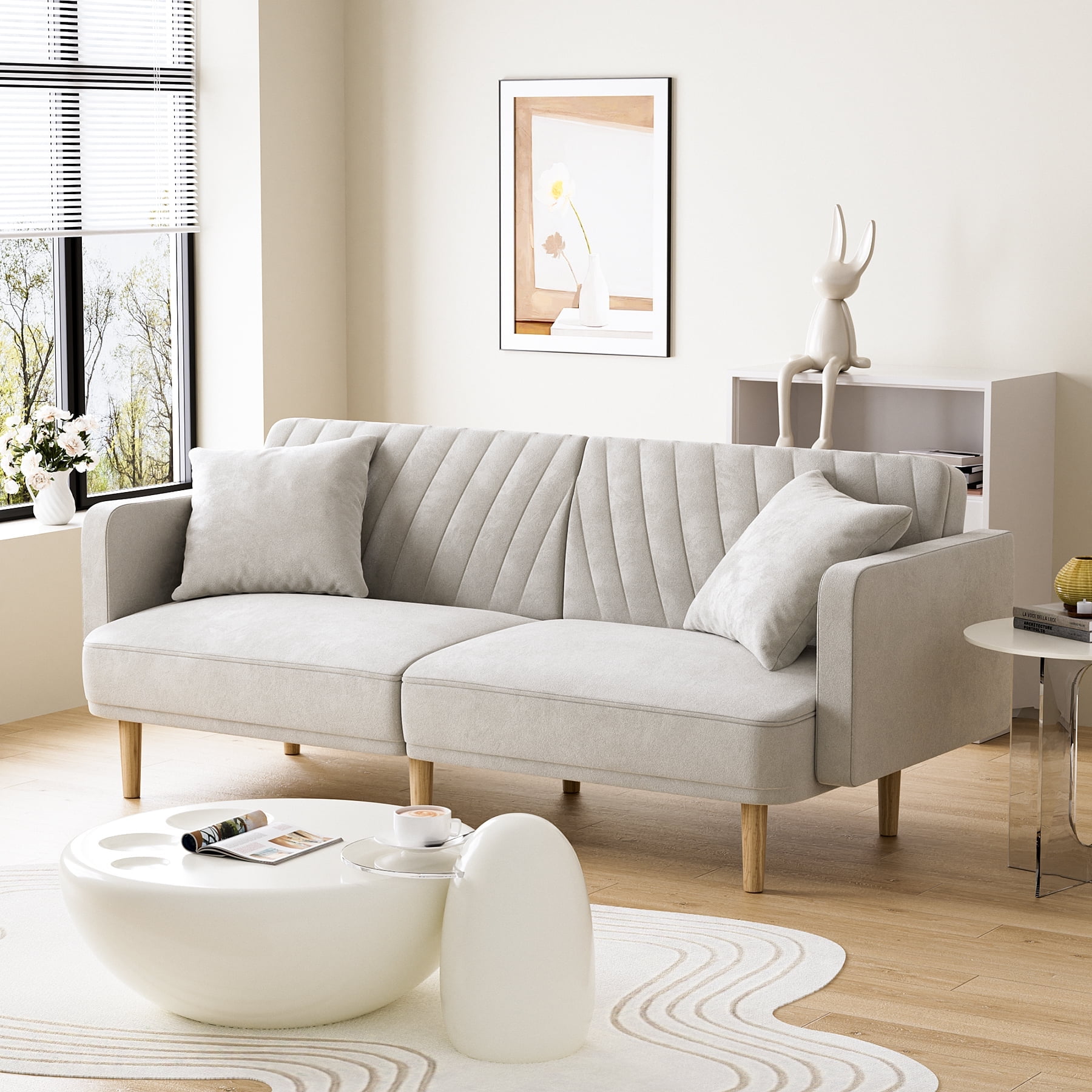 Ouyessir Velvet Futon Sofa Bed Modern Convertible Futon Couch with 2 Pillows and Wooden Legs 3 Adjustable Angles Backrest Upholstered Sleeper Sofa for