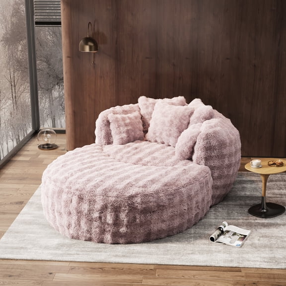 Wiilayok 55" W Oversized Chaise Lounge Chair Indoor with Ottoman,Thickened Backrest Round Reading Sofa Couch with 5 Pillows for Living Room, Pink