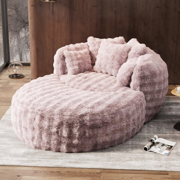 Wiilayok 55" W Oversized Chaise Lounge Indoor Chair, Round Cloud Couch with Ottoman, Thickened Backrest & 5 Pillows for Living Room Reading Bedroom, Faux Fur Pink