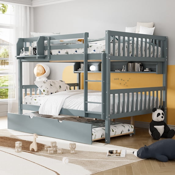 Ouyessir Wood Full over Full Bunk Bed with Trundle and Built-in Shelves, Convertible to 2 Full Size Platform Bed, Kids Bunk Bed with Ladder and Safety Rails