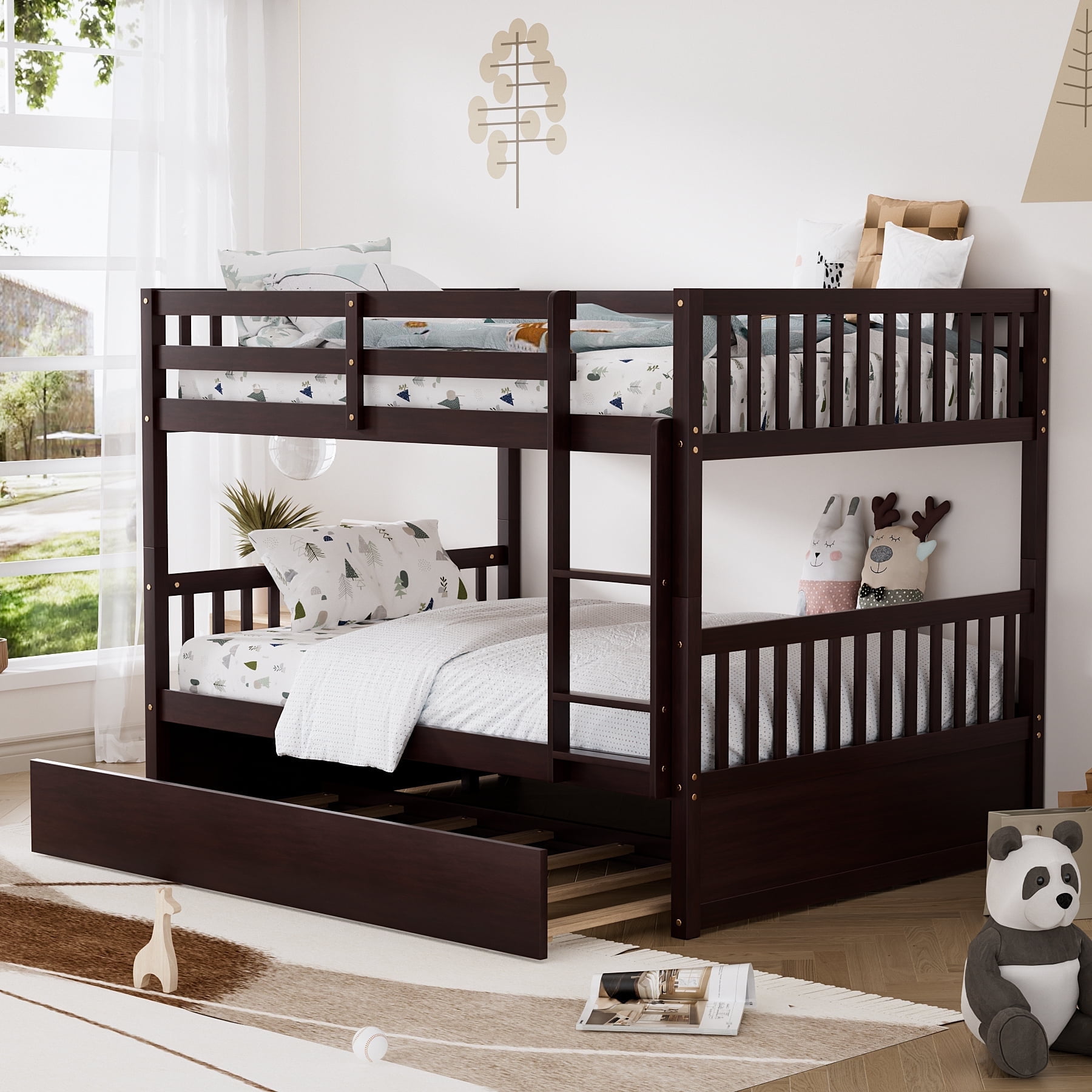 Wiilayok 77.9"x 57"Wood Full over Full Bunk Bed with Trundle,Convertible to 2 Full Size Platform Bed, Full Size Bunk Bed with Ladder and Safety Rails for Teens,Adult,Brown(No Box Spring Needed)