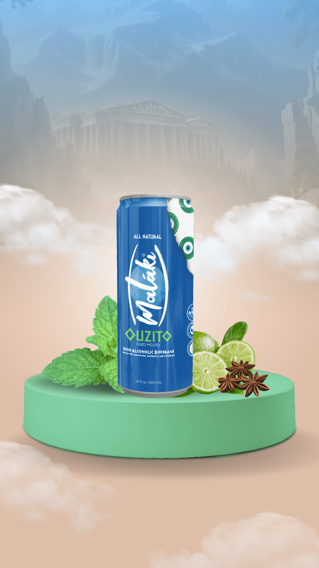 Ouzo Mojito. 4 PACK- Alcohol Free Beverage + Adaptogens - Ashwagandha, Cordyceps, Lion's Mane, L-Theanine, Holy Basil, & Lemon Balm 0% ABV