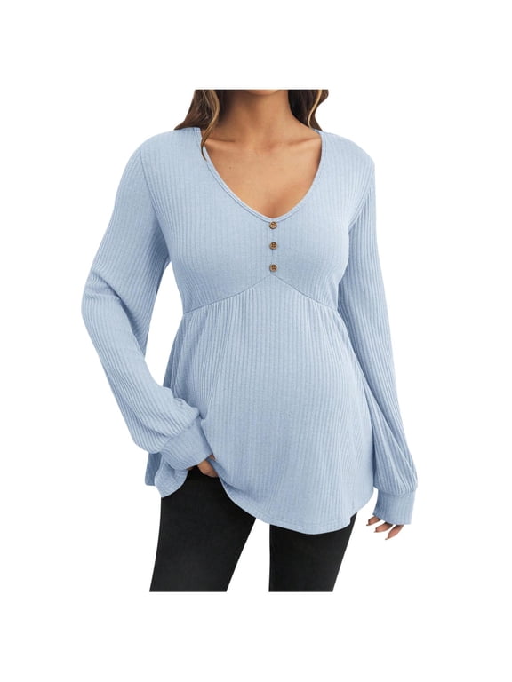Maternity Ribbed V-Neck Button Slim Tops Maternity Solid V Neck Ribbed Button Long Sleeve Slim Tops Fall Winter Tops