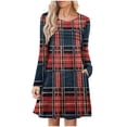 thumbnail image 1 of Ovafbau Women Fall Long Sleeve Prited Midi Dress Women's Plaid Print Crewneck Pocket Ruffled Long Sleeve Dress Fall Dresses, 1 of 5