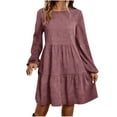 thumbnail image 1 of Ovafbau Women Fall Winter Casual Long Sleeve Midi Dress Women's Solid Corduroy Crewneck Long Sleeve Cuff Loose Dress Fall Dresses, 1 of 6