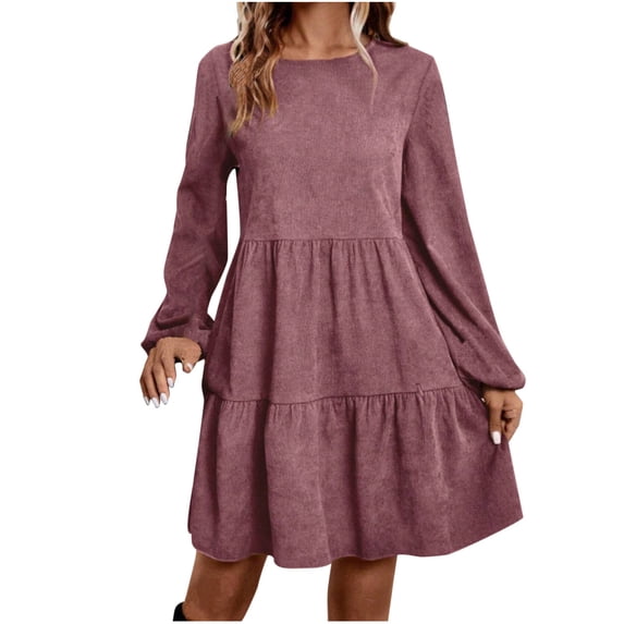 Ovafbau Women Fall Winter Casual Long Sleeve Midi Dress Women's Solid Corduroy Crewneck Long Sleeve Cuff Loose Dress Fall Dresses