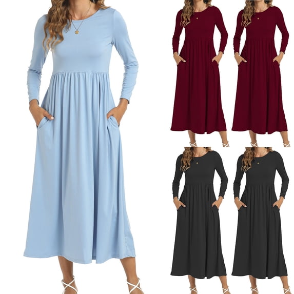 Ovafbau Women Fall Winter Casual Long Sleeve Midi Dress Women's Solid High Waist Crewneck Long Sleeve Ankle Length Dress Fall Dresses