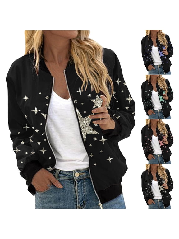 Women Long Sleeve Dressy Casual Cardigan Jacket,Womens Star Print Long Sleeve Zip Jacket with Pockets Casual,Fall Winter Outerwear Coat