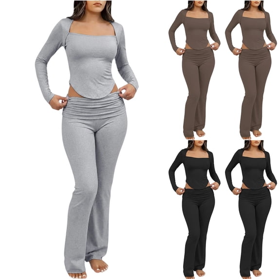 Ovafbau Women Long Sleeve Sleepwear Pajama Set Womens Solid Crewneck Long Sleeve Flare Pajama Set Women Pajamas
