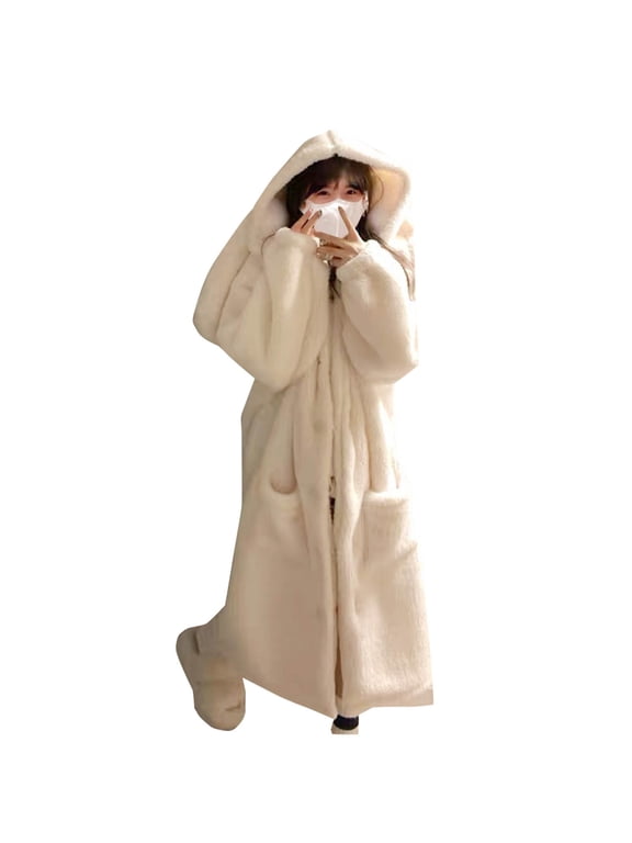 Women Loungewear Fleece Robes Long Bathrobes Womens Fleece Hooded Long Robe with Pockets Qucikly Dry Sleepwear Women Pajamas