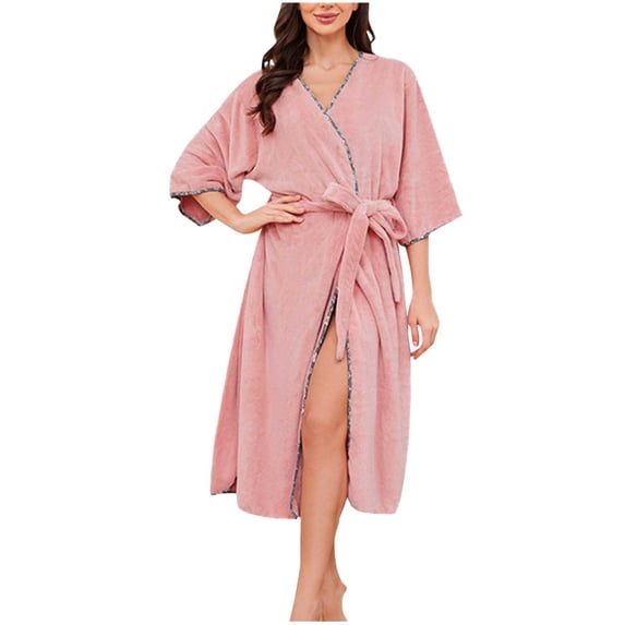Ovafbau Women Loungewear Fleece Robes Long Bathrobes Womens Solid Fleece Mid Length Robe Bathrobe with Belt Women Pajamas
