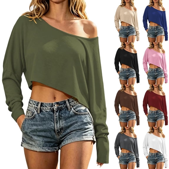 Ovafbau Women's One-Shoulder Crop Long Sleeve Tops Womens Solid One ...