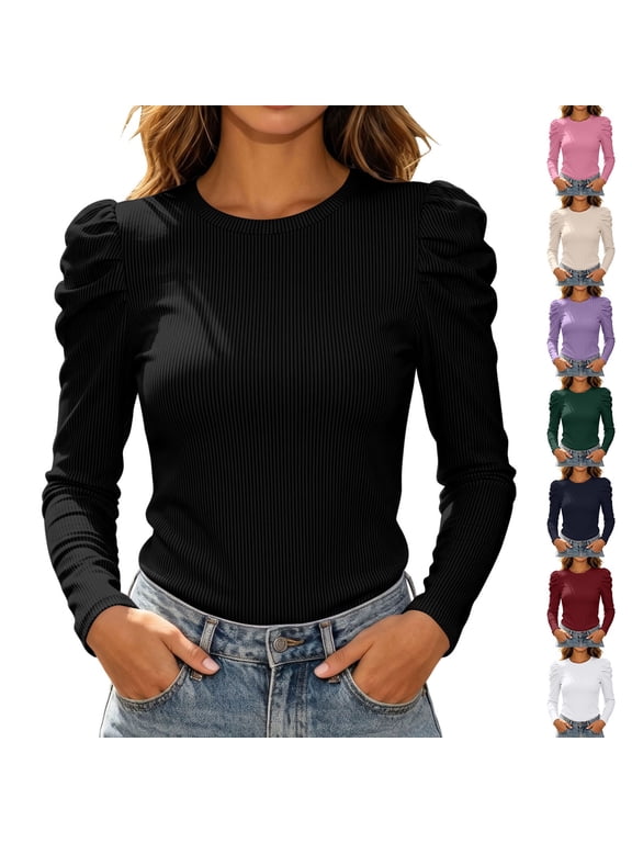 Women's Puff Shoulder Ribbed Crew Womens Solid Crewneck Puff Shoulder Ribbed Long Sleeve Tops Fall Winter Tops