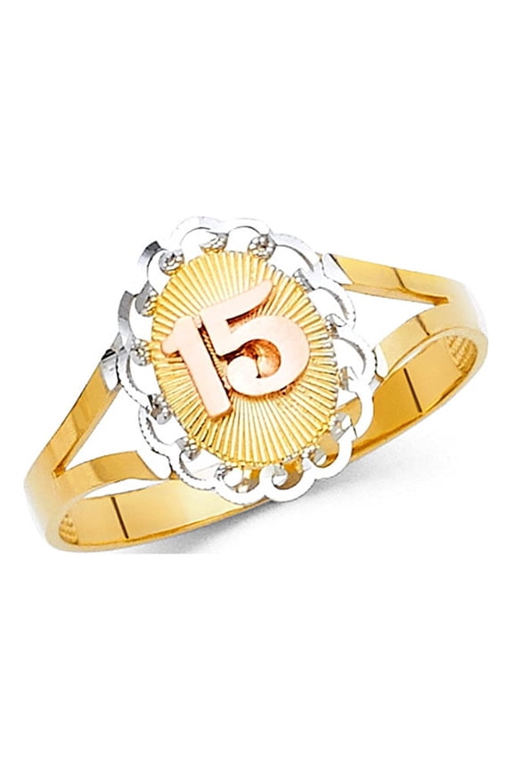 Oval 15 Birthday Ring 14k Yellow White Rose Gold Quinceanera Diamond Cut Band Fancy 12MM Size 7.5