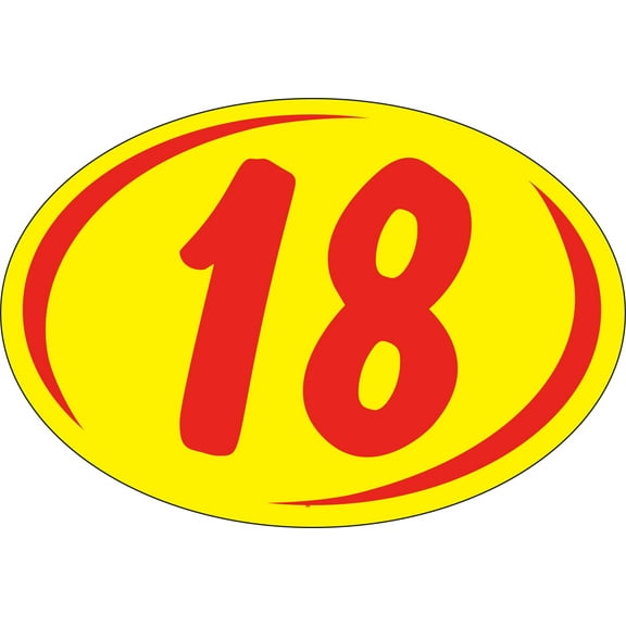 SSWBasics Oval 2-Digit Year Sticker - Red/Yellow - "18" - 8L x 5 1/2H - Pack of 12