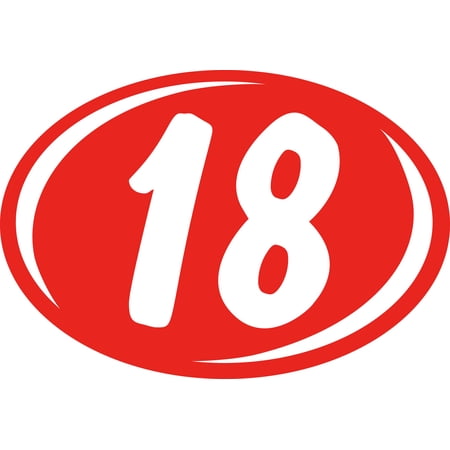 Oval 2-Digit Year Sticker - White/Red - "18" - 8"L x 5 1/2"H - Pack of 12- Bright and Colorful Vinyl Number Stickers - Windshield Sticker for Dealership Use - Car for Sale Signs for Vehicle Window