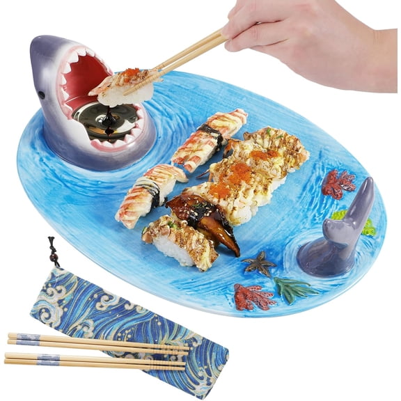 Oval 3-in-1 Shark Attack Sushi Plate, Multi-Functional Serving Platter with Dipping Sauce Bowl & Chopstick Rest, Food-Grade Tableware for Sushi, Sashimi, Appetizers, Party & Daily Dining