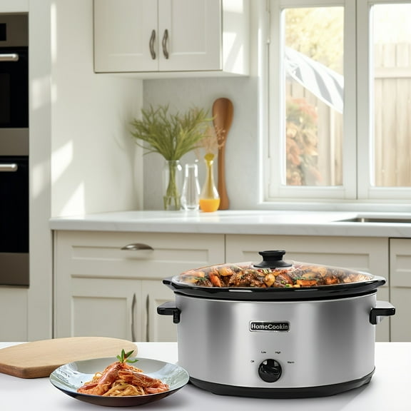 Oval 6.5-Quart Manual Slow Cooker with 3 Cooking Settings, Removable Ceramic Inner Pot in Stainless Steel Color for Holiday Meals and Family Dinners