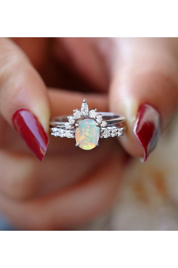 Oval 8x6mm Natural Opal Engagement Ring set for Her, Christmas Gift For Daughter, Beautiful Crown Band Ring, Gorgeous Birthsrone Ring Set