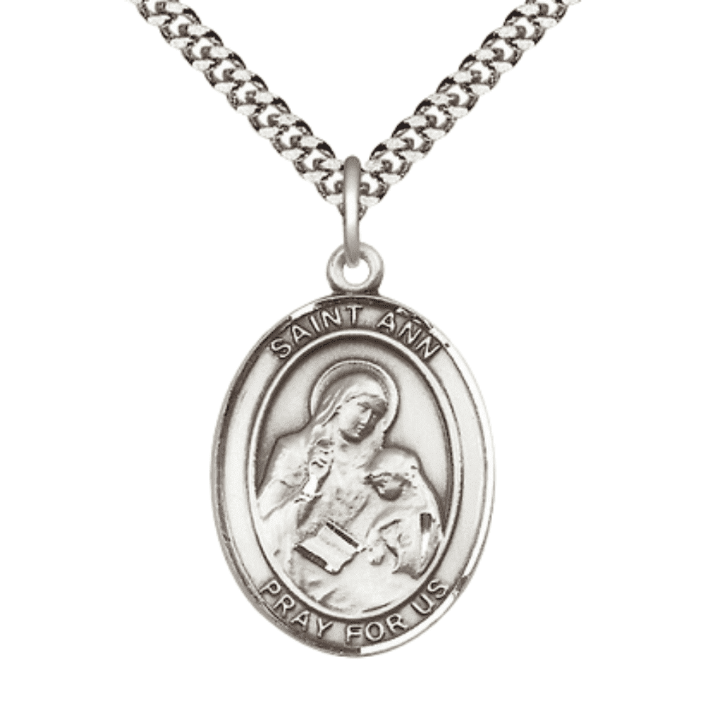 Oval .925 Sterling Silver Saint Ann Medal Pendant on 24 inch Rhodium ...