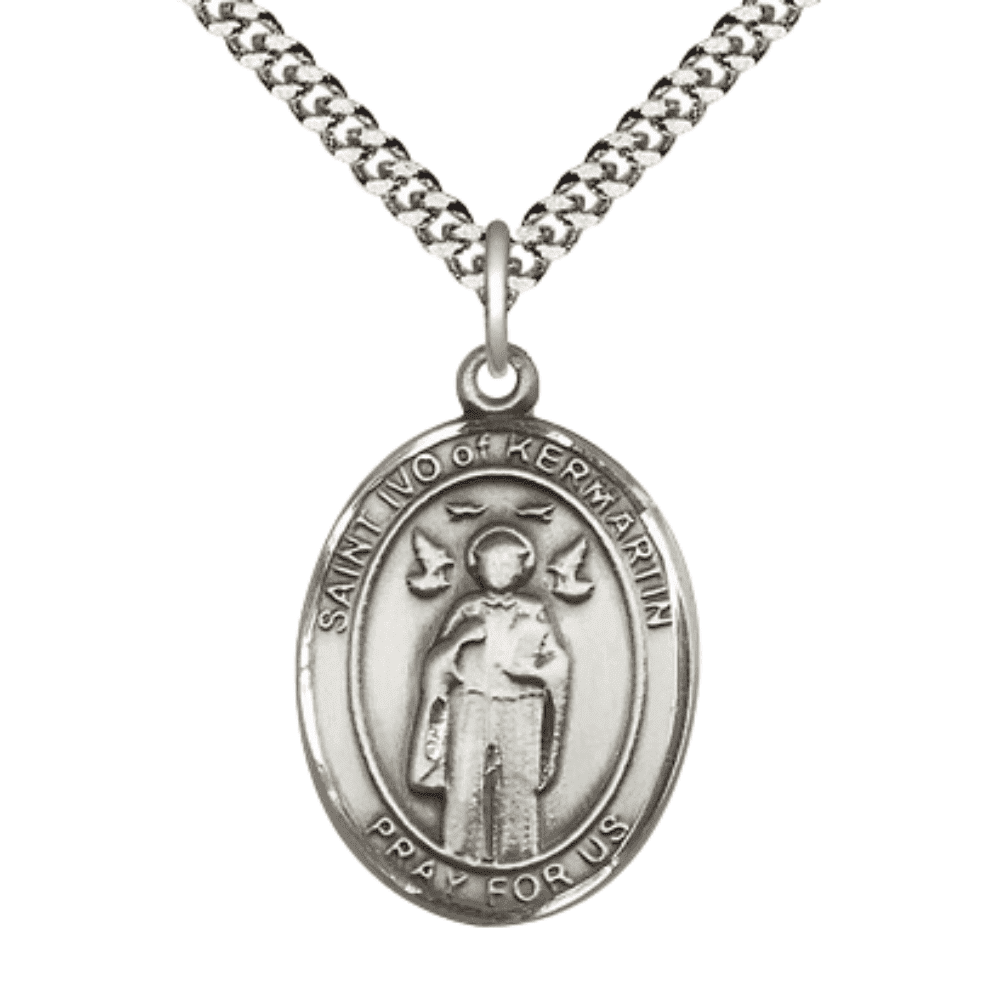 Oval .925 Sterling Silver Saint Ivo Medal Pendant on 24 inch Rhodium ...