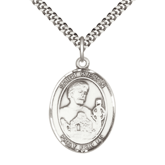 Oval .925 Sterling Silver Saint Kieran Medal Pendant on 24 inch Rhodium Plated Heavy Curb Brass Chain with Lobster Claw clasp, Catholic Religious Necklace -Made in USA- Deluxe Velvet Gift Box