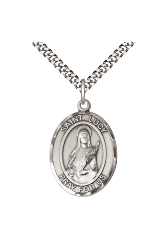 Oval .925 Sterling Silver Saint Lucy Medal Pendant on 24 inch Rhodium Plated Heavy Curb Brass Chain with Lobster Claw clasp, Catholic Religious Necklace -Made in USA- Deluxe Velvet Gift Box